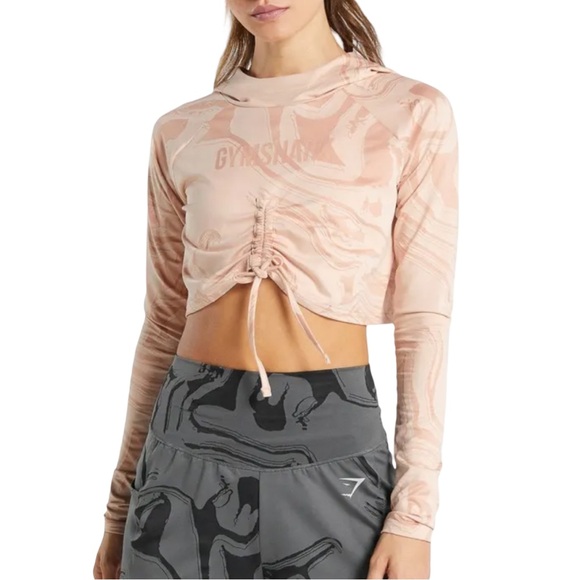 Gymshark | Women's Soft Pink Logo Jacquard Power Hoodie Long Sleeve Crop Top EUC - Picture 1 of 10